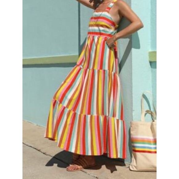 J. Crew Rainbow Stripe Tiered Maxi Dress Sz XL Dopamine Vacation Beach Comfort - Picture 3 of 16